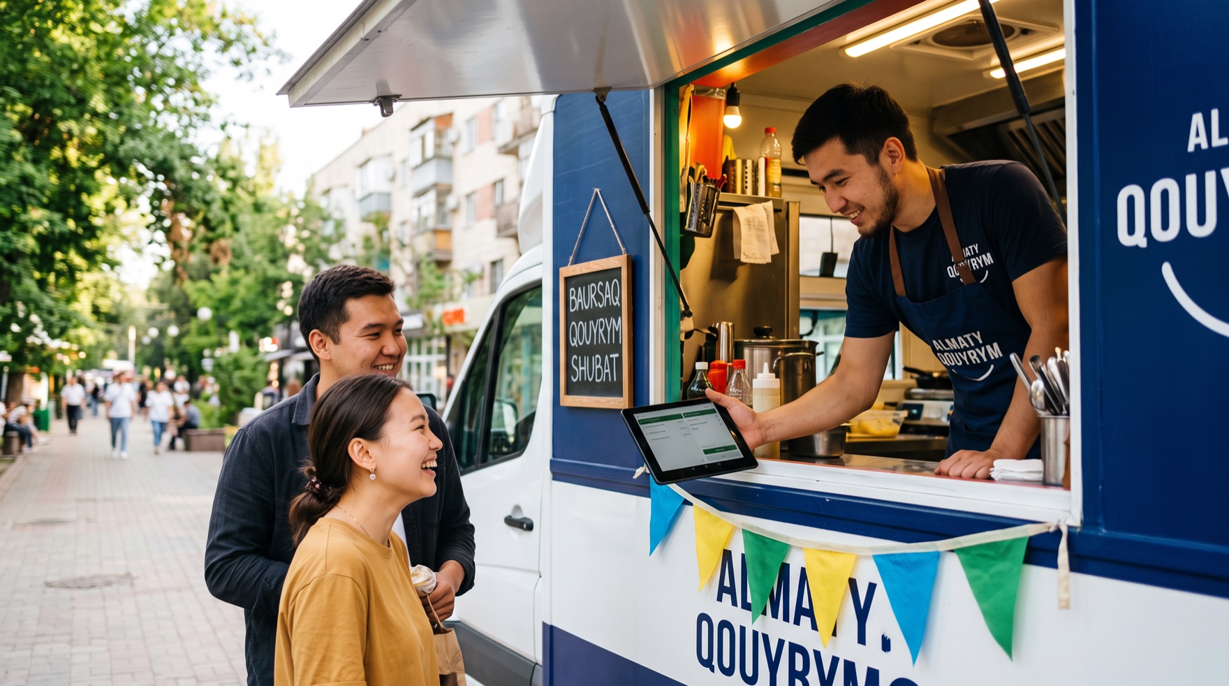 Фудтрак: продавец у окна выдачи принимает заказ на планшете с кассой Paloma365, гости выбирают у окна